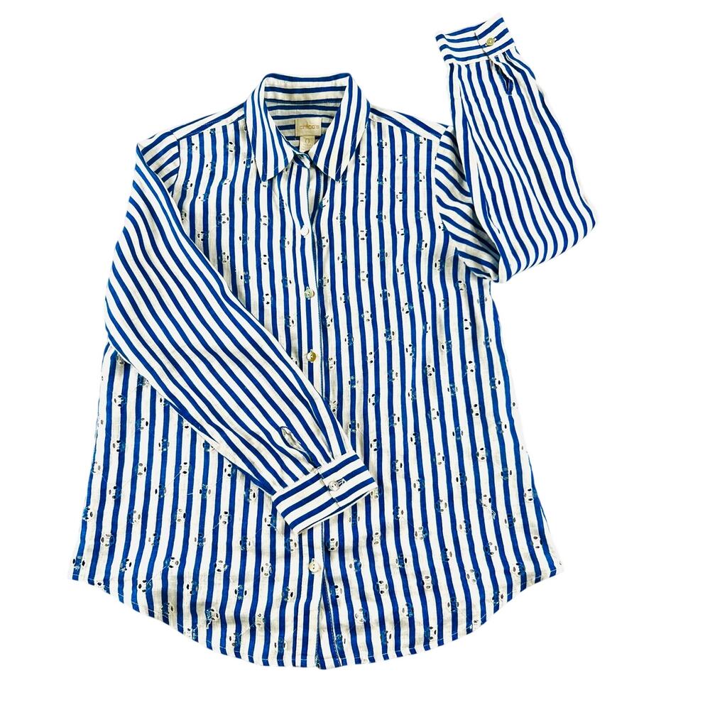 Chico's 100% Linen Striped Eyelet Button Down Shirt Blue White Size 0 / Small - Picture 2 of 8